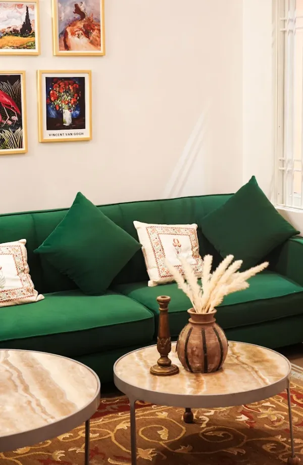 Curated lounge seating at Pink City Stays